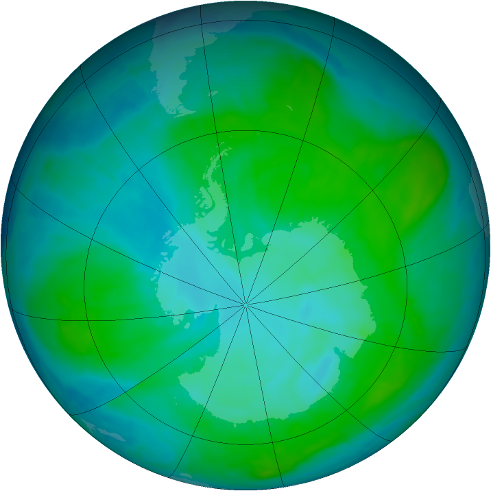 Antarctic ozone map for 15 January 2015
